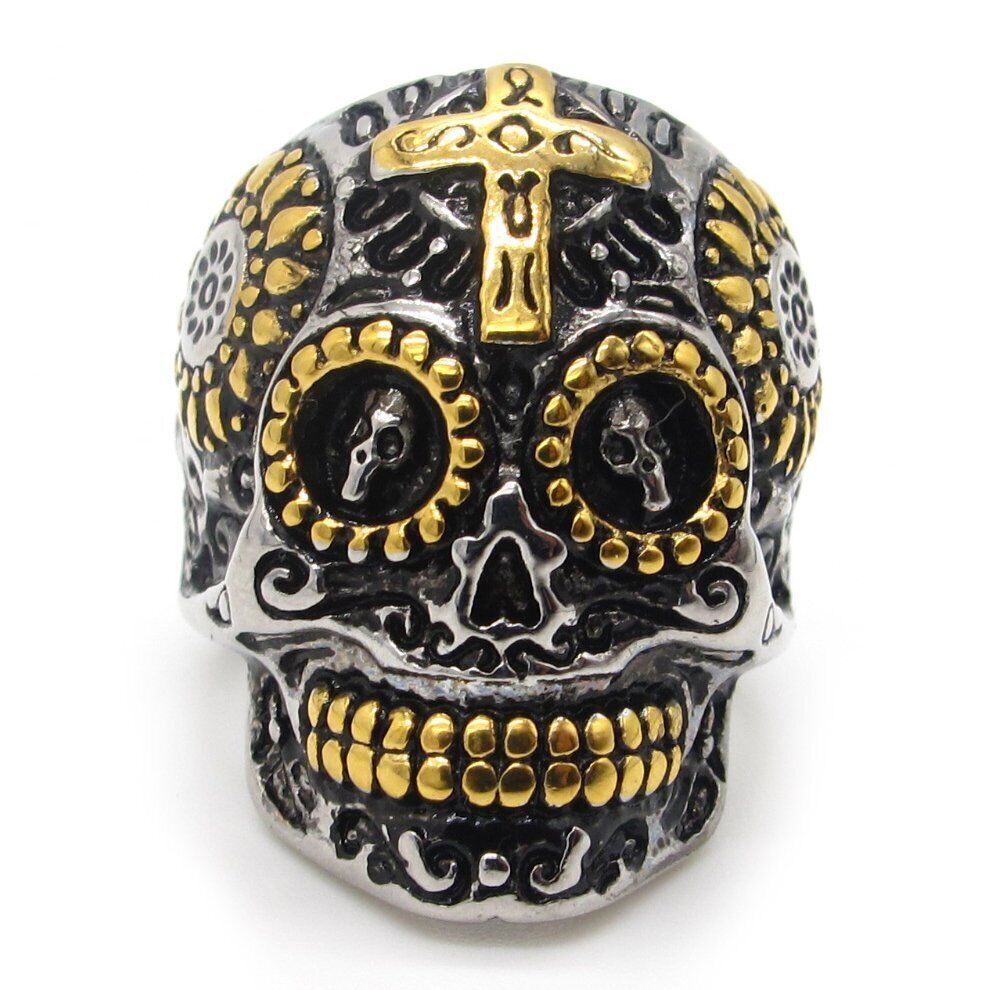 MENDEL Mens Gold Plated Motorcycle Biker Skull Ring Stainless Steel Size 7-15