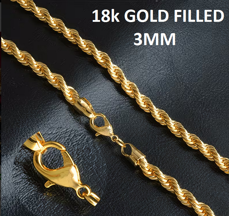 Quality 3mm thick TWISTED ROPE CHAIN GOLD filled 18K necklace 22″ women men gift