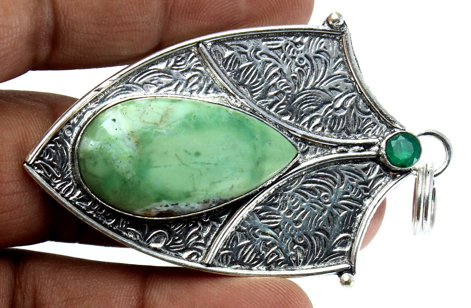 Green Jade Style Gemstone Pendant Ornate Silver Tone Shield Boho Tribal Artisan