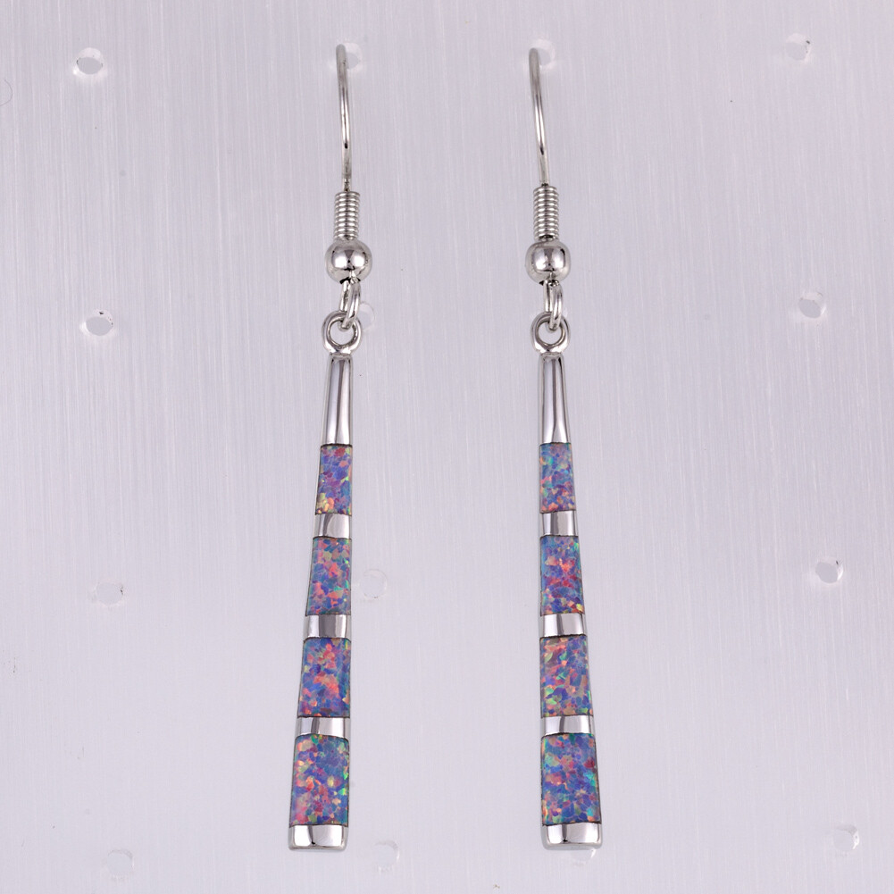 Camber Surface Stick Lavender Purple Fire Opal Silver Dangle Drop Earrings