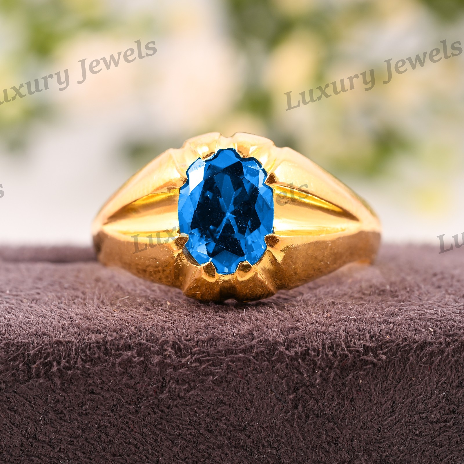 Swiss Blue Topaz Ring for Men 925 Sterling Silver Vintage Handmade Jewelry Fash