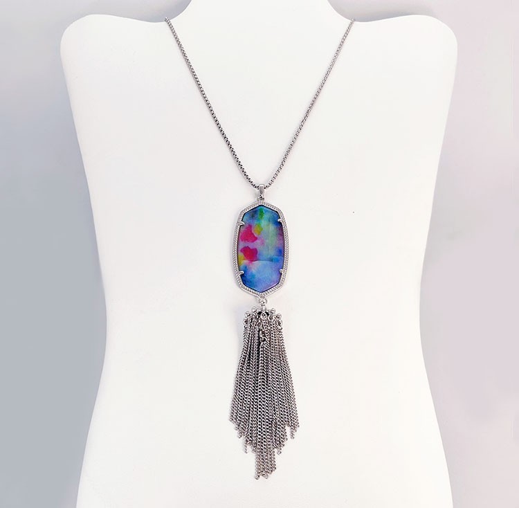 New Kendra Scott Rayne Silver Long Pendant Necklace in Teal Tie Dye