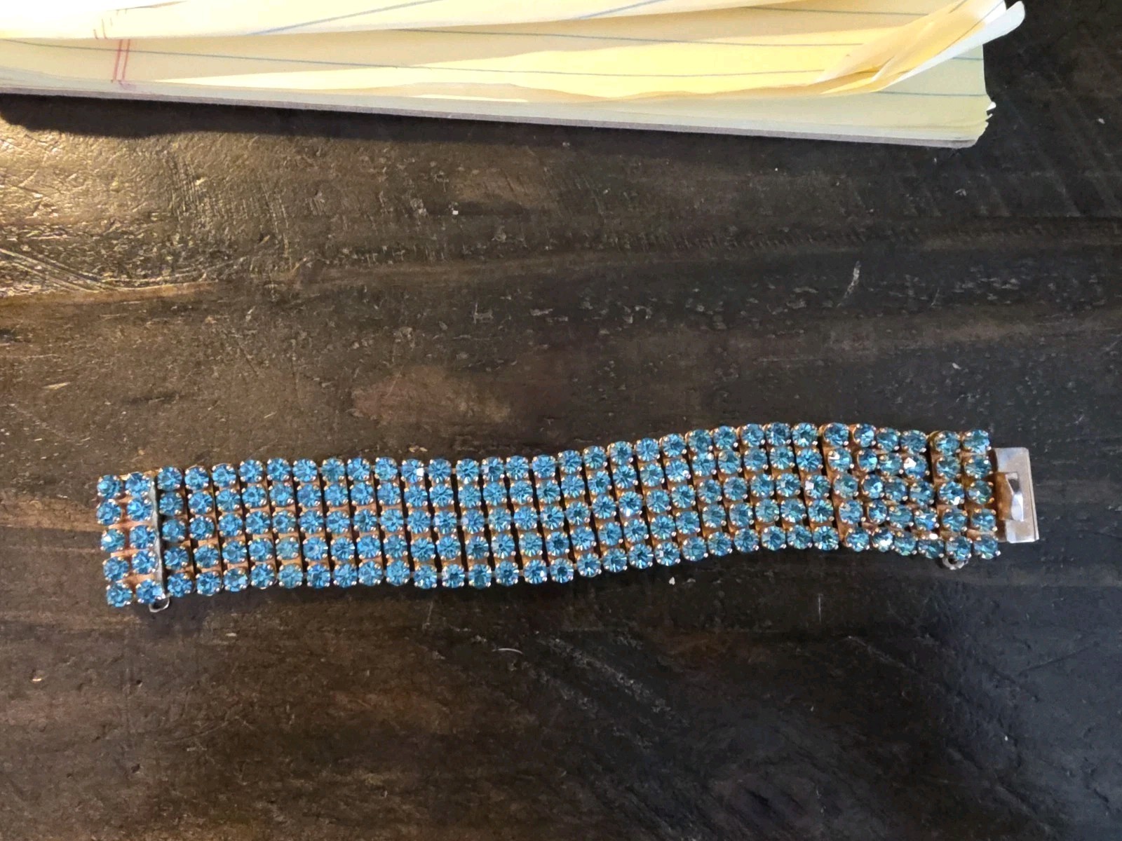 vintage blue rhinestone bracelet, heavy 7″ see pics