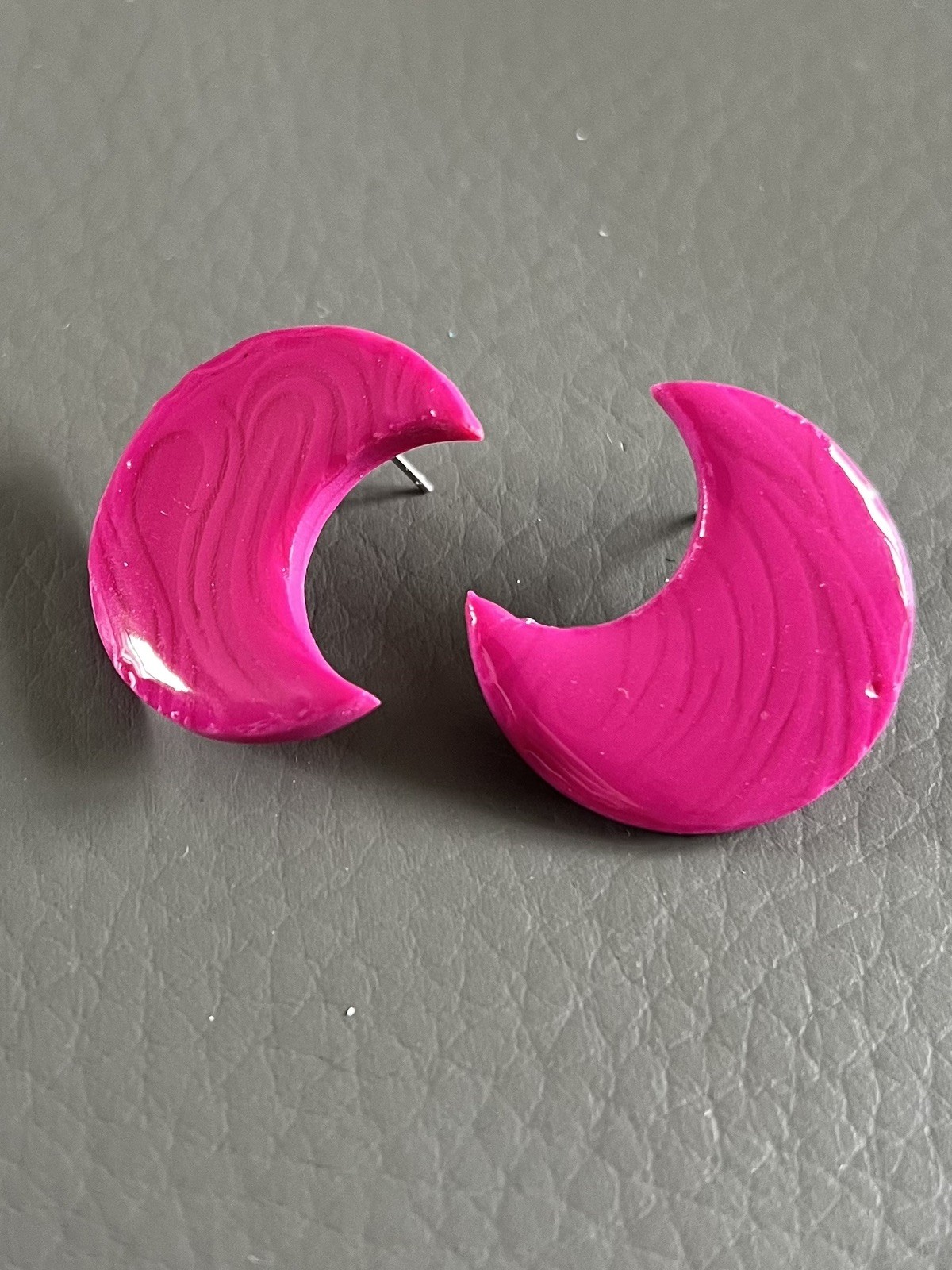 Handmade Magenta Crescent Moon Polymer Clay Studs Resin-Coated Ultra Lightweight