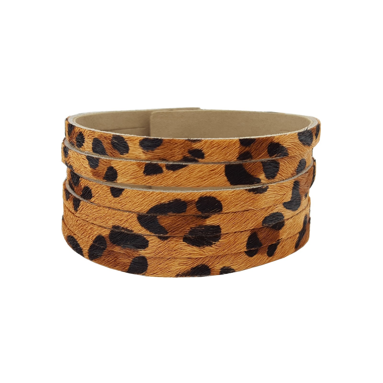 1 &1/8″ (30 mm) width 6-Strand Leather Cuff in Hair Calf Leather Leopard Tan