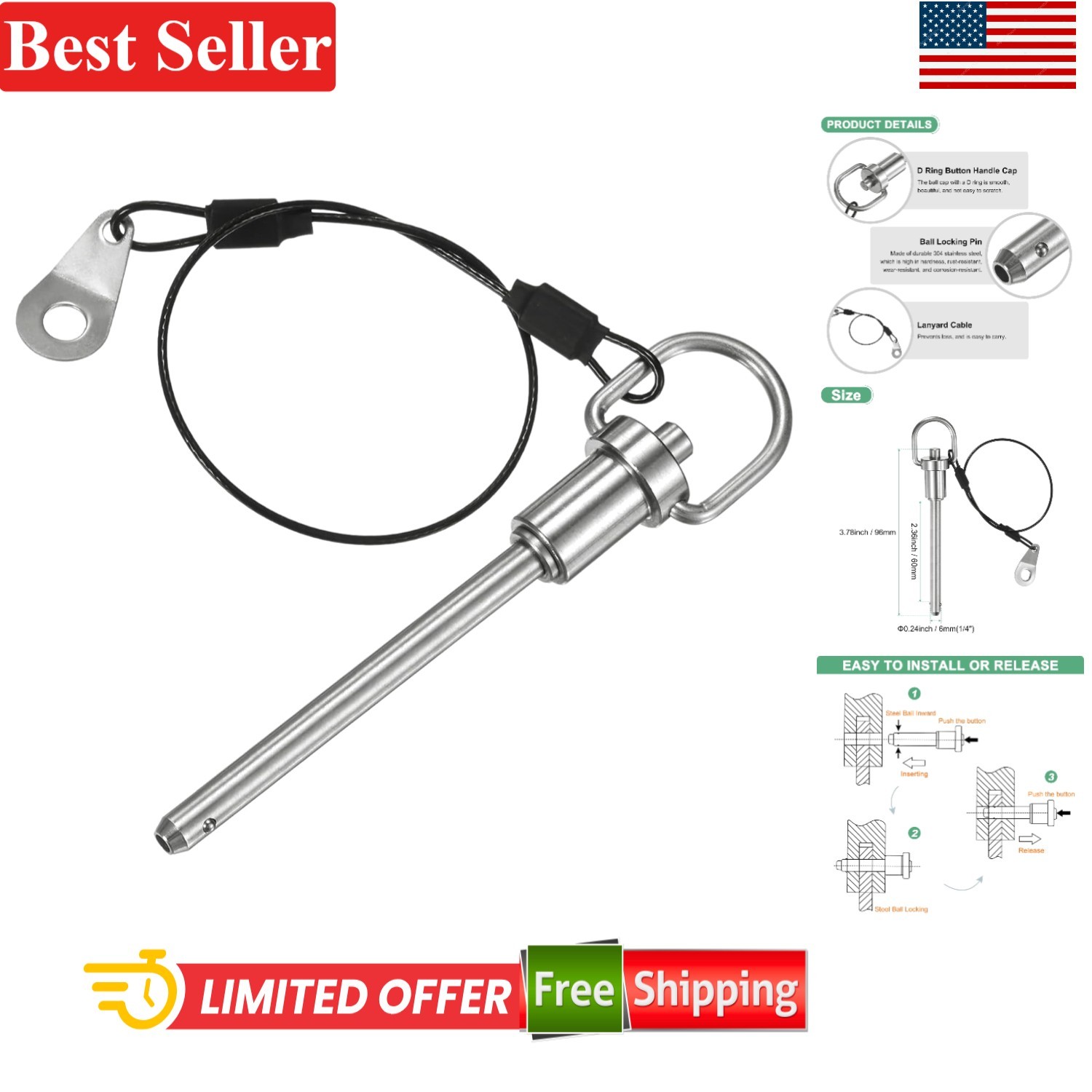 Push-Button Ball Locking Pin 6mmX60mm Stainless Steel With Lanyard For Equipment