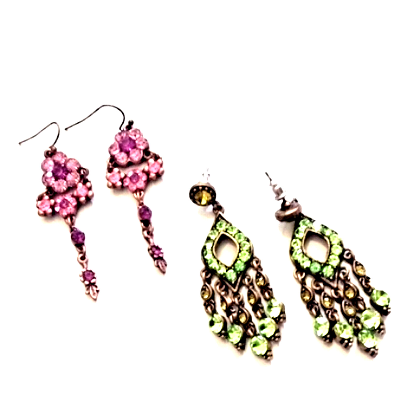 Antika Set of two Earrings Drop Dangle Crystal Mint Green and Pink 2.2″