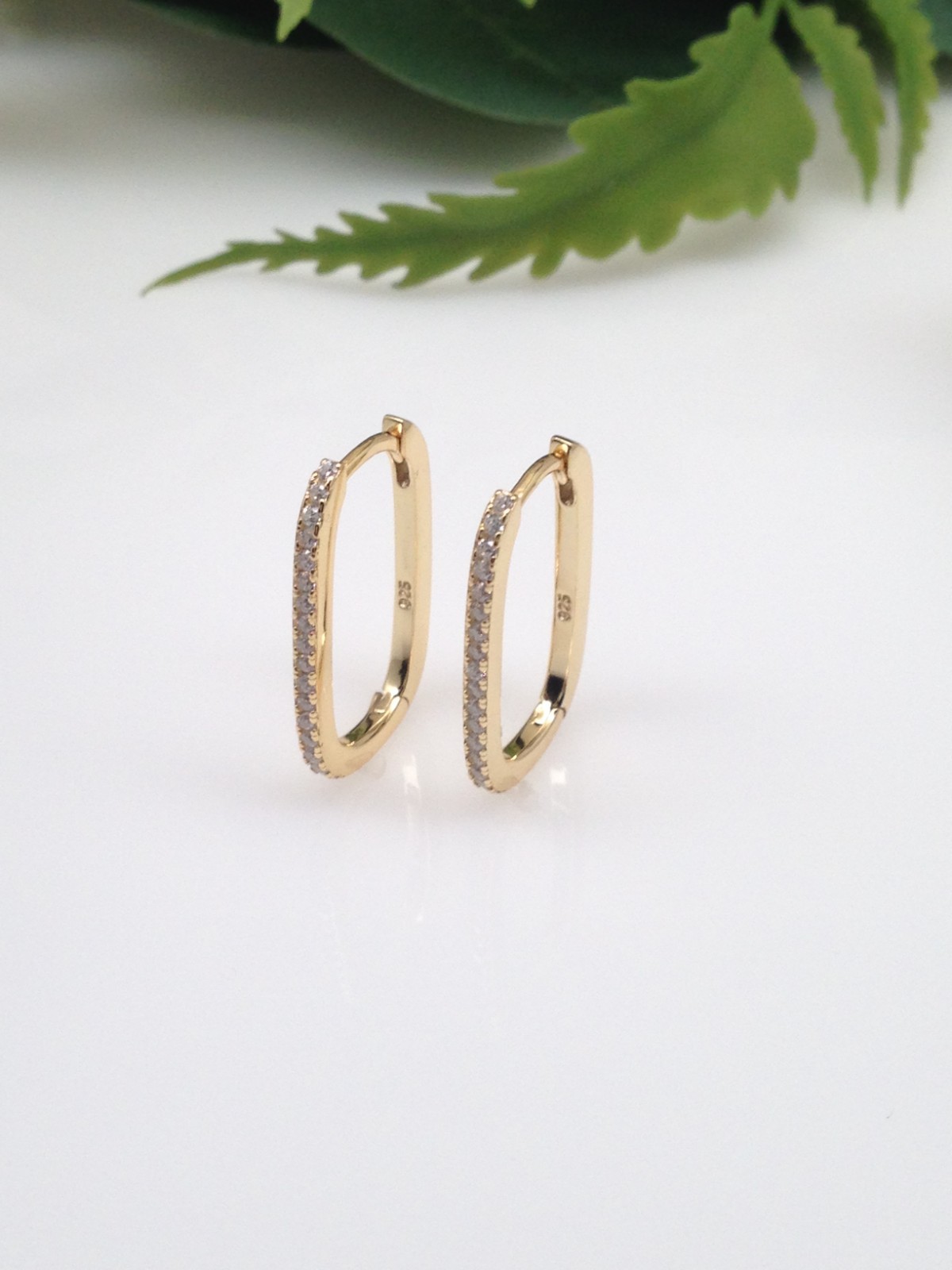 925 Sterling Silver CZ Gold Rectangle U Hoop Earrings Men Women 19mm/17mm x1.4mm