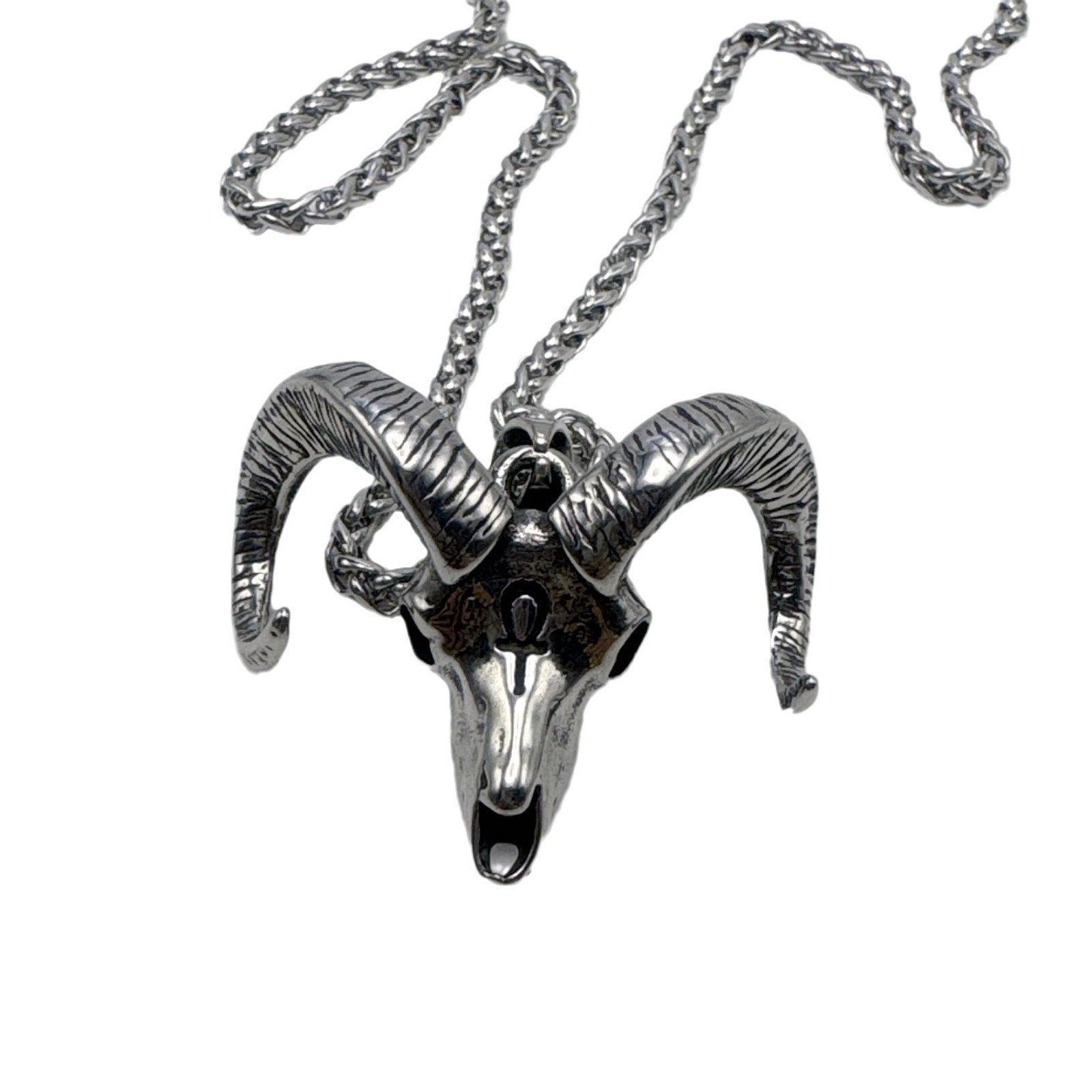 Gothic Behemoth Ram Sheep Skull Head Horn Pendant Stainless Steel Necklace Chain