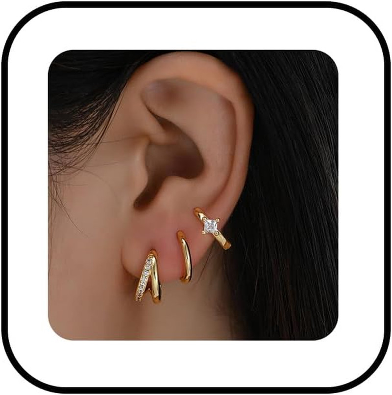 3 PCS Gold Huggie Hoop Earrings Set for Women Chunky Dainty Stackable Small Hoop