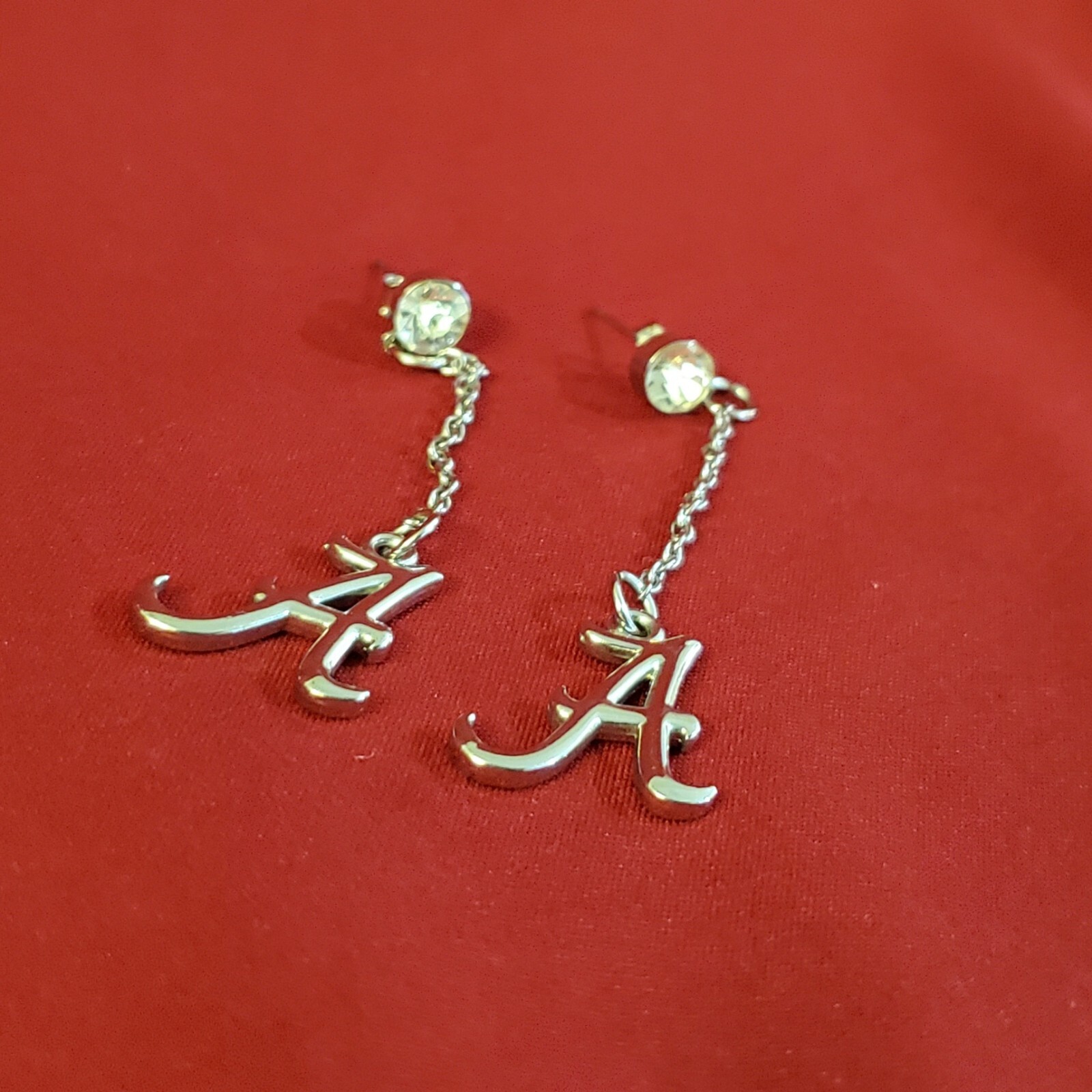 Alabama Crimson Tide Silver Colored Letter A Dangle Earrings with Gemstone!