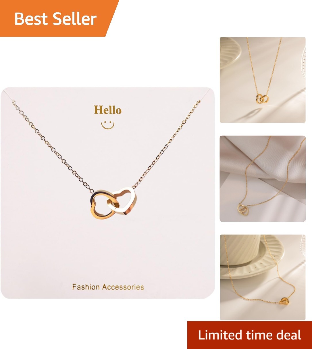 Stylish Dainty 14k Gold Choker Necklace with Double Heart Pendant – Gift for Her