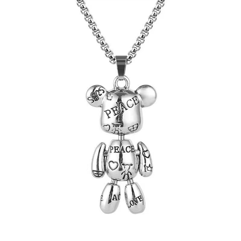 Movable Peace Bear Pendant Titanium Steel Necklace with Chain Unisex Decoration