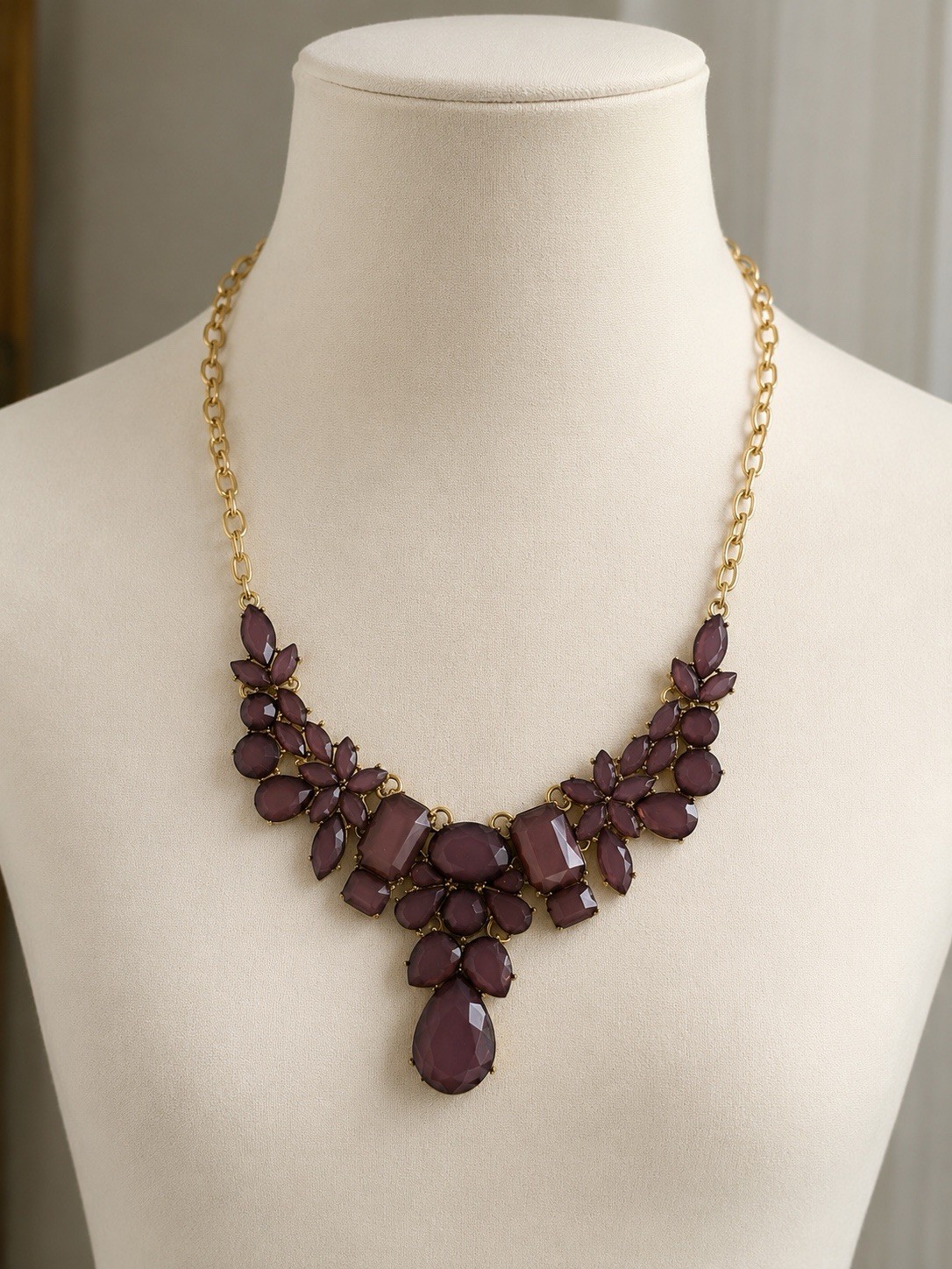 Purple Crystal Floral Statement Necklace Gold Tone Bib Necklace Fashion Jewelry