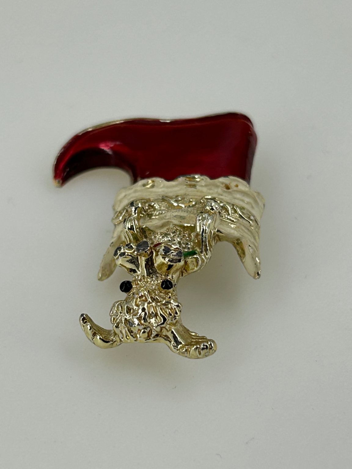 Coro Christmas Poodle in Red Stocking Brooch 1 5/8 Inch Enamel Pin