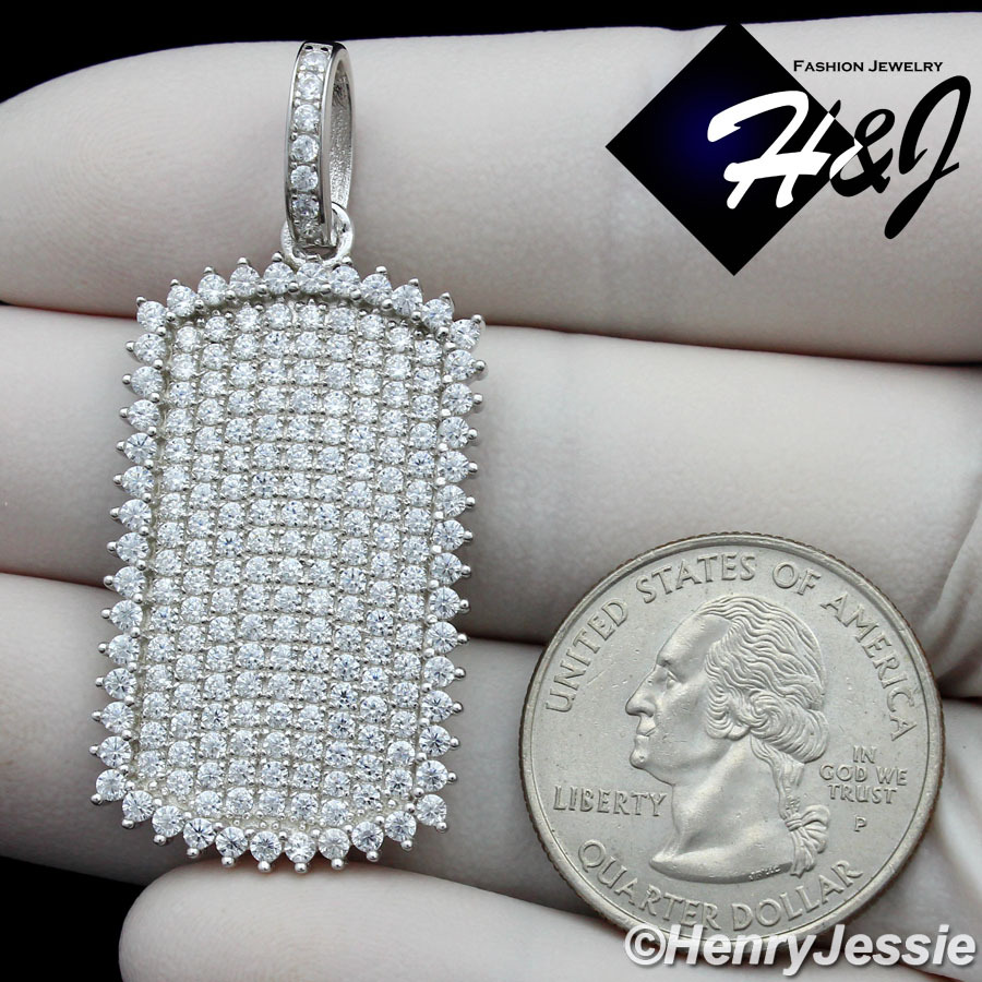 MEN SOLID 925 STERLING SILVER ICED BLING CUBIC ZIRCONIA DOG TAG PENDANT*SP164