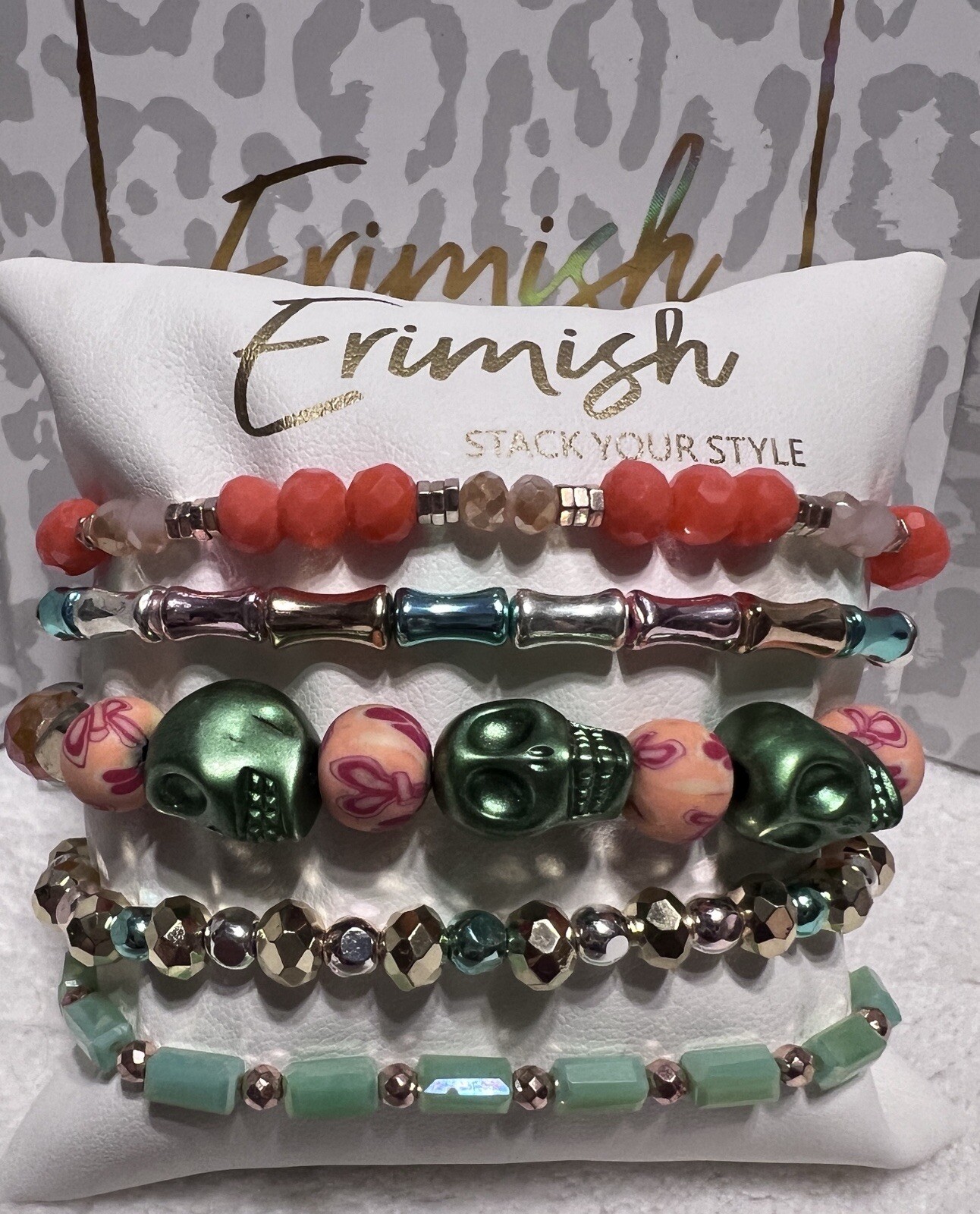 NEW! ERIMISH BRACELETS 5 pc stack – Orange, Green & Gold Halloween Skulls