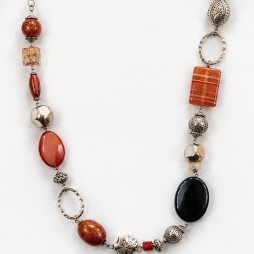 Boho Mixed Media Statement Necklace Orange Black Silver Beaded Chunky Long Line