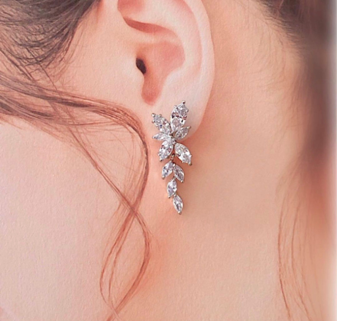 Crystal Floral Drop Earrings Bridal Wedding CZ Leaf Dangle Silver Women Jewelry