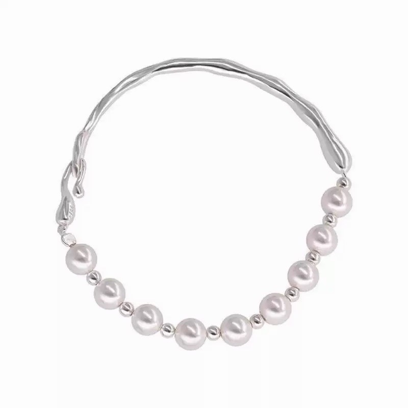 Pearl Open Cuff Bracelet Irregular Wave Bangle Asymmetrical Pearl Bracelet 008