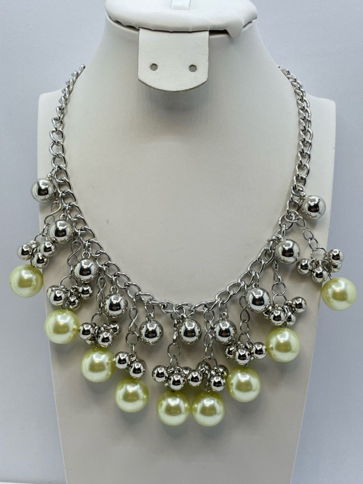 Silver Tone Faux Pearl Statement Necklace Chunky Chain Drop Charm Bold
