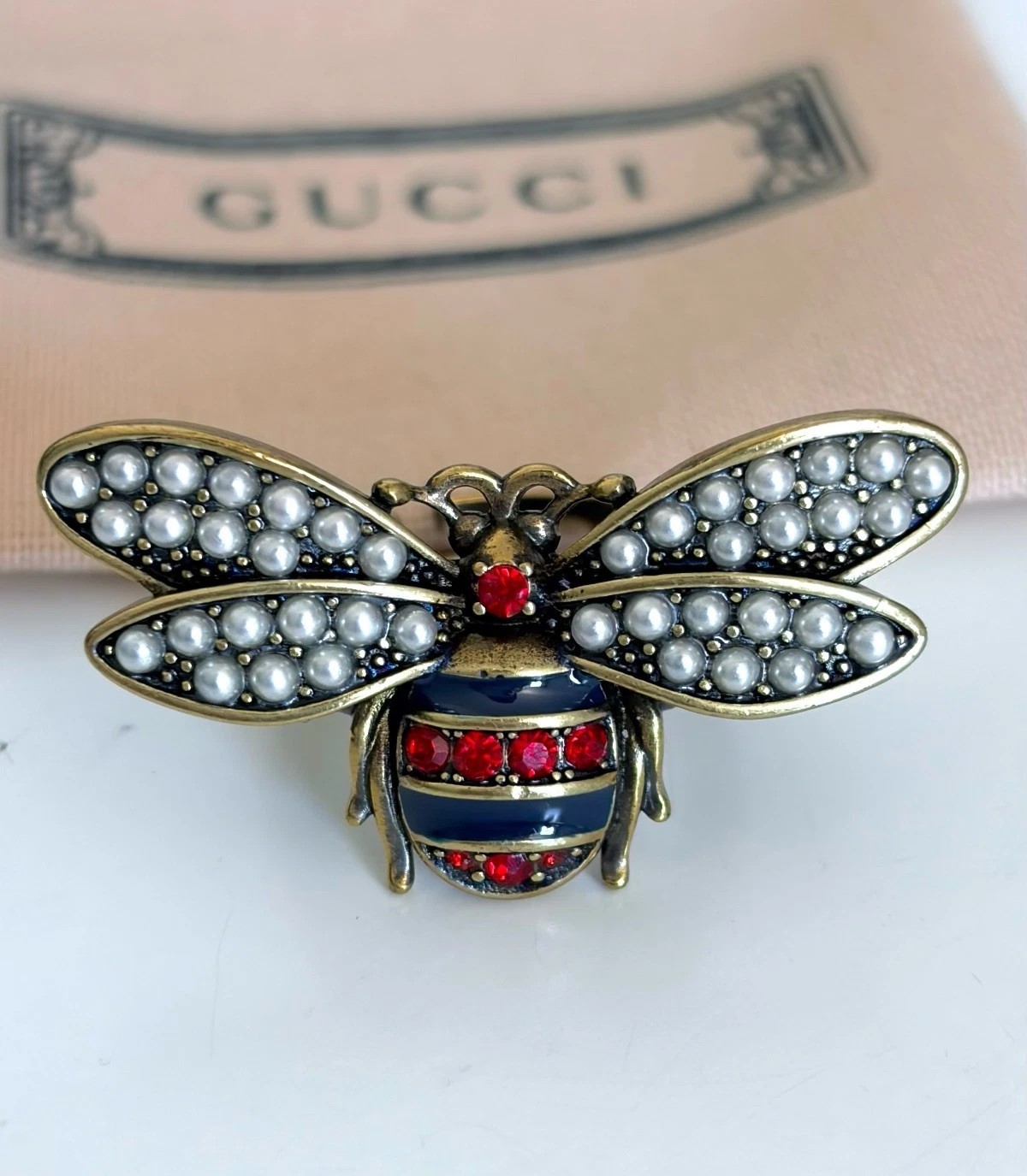 Vintage Gucci Bee Crystal Faux Pearl Adjustable Ring Gold Tone Italy US7