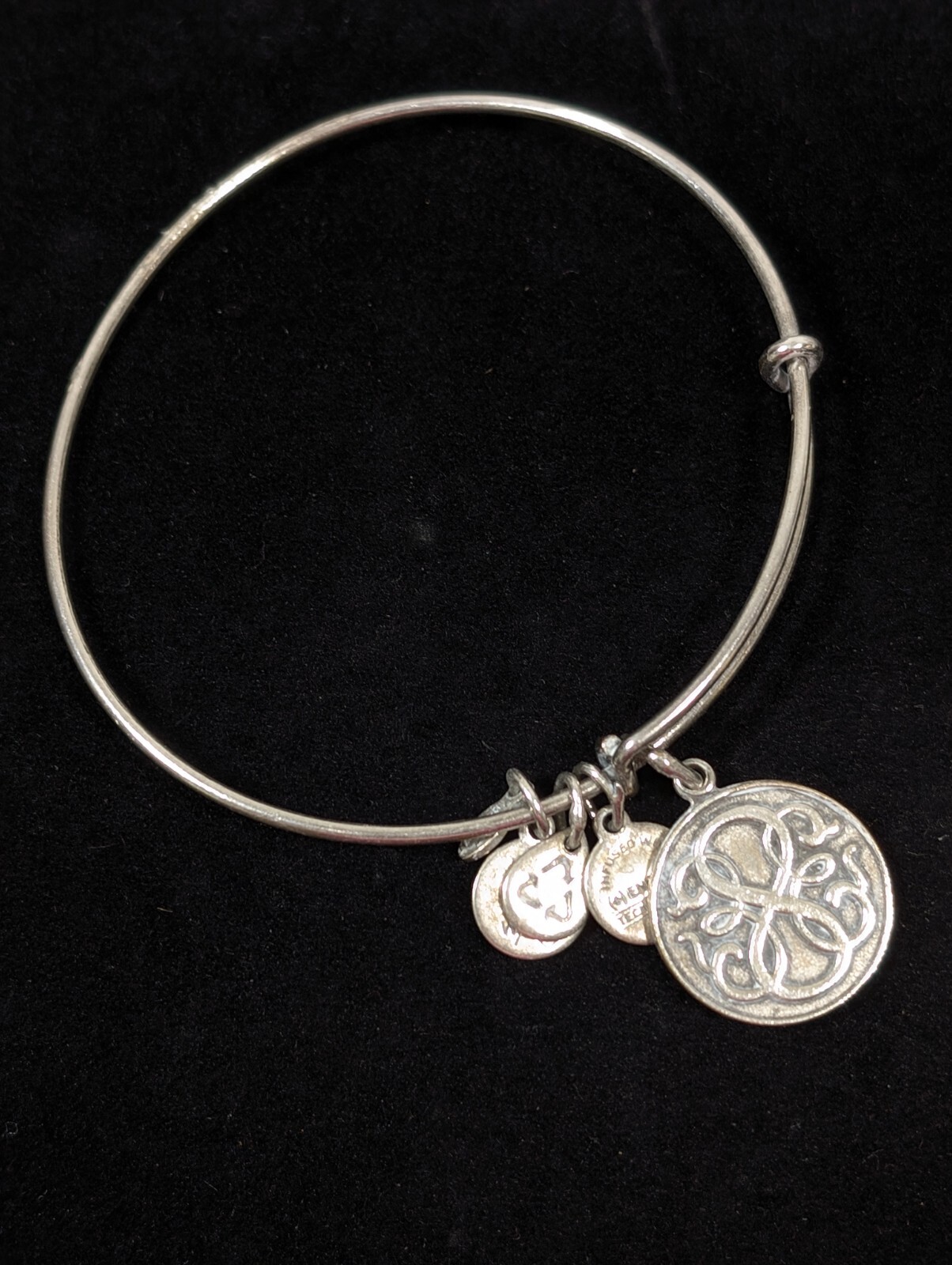 Alex Ani Silver Tone Monogram Round Charm Bangle Bracelet 7.5 in