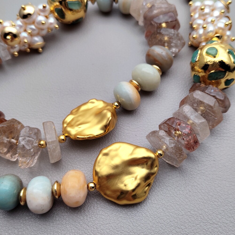 Cultured White Pearl Amazonite Quartz Sea Shell Pearl Choker Necklace
