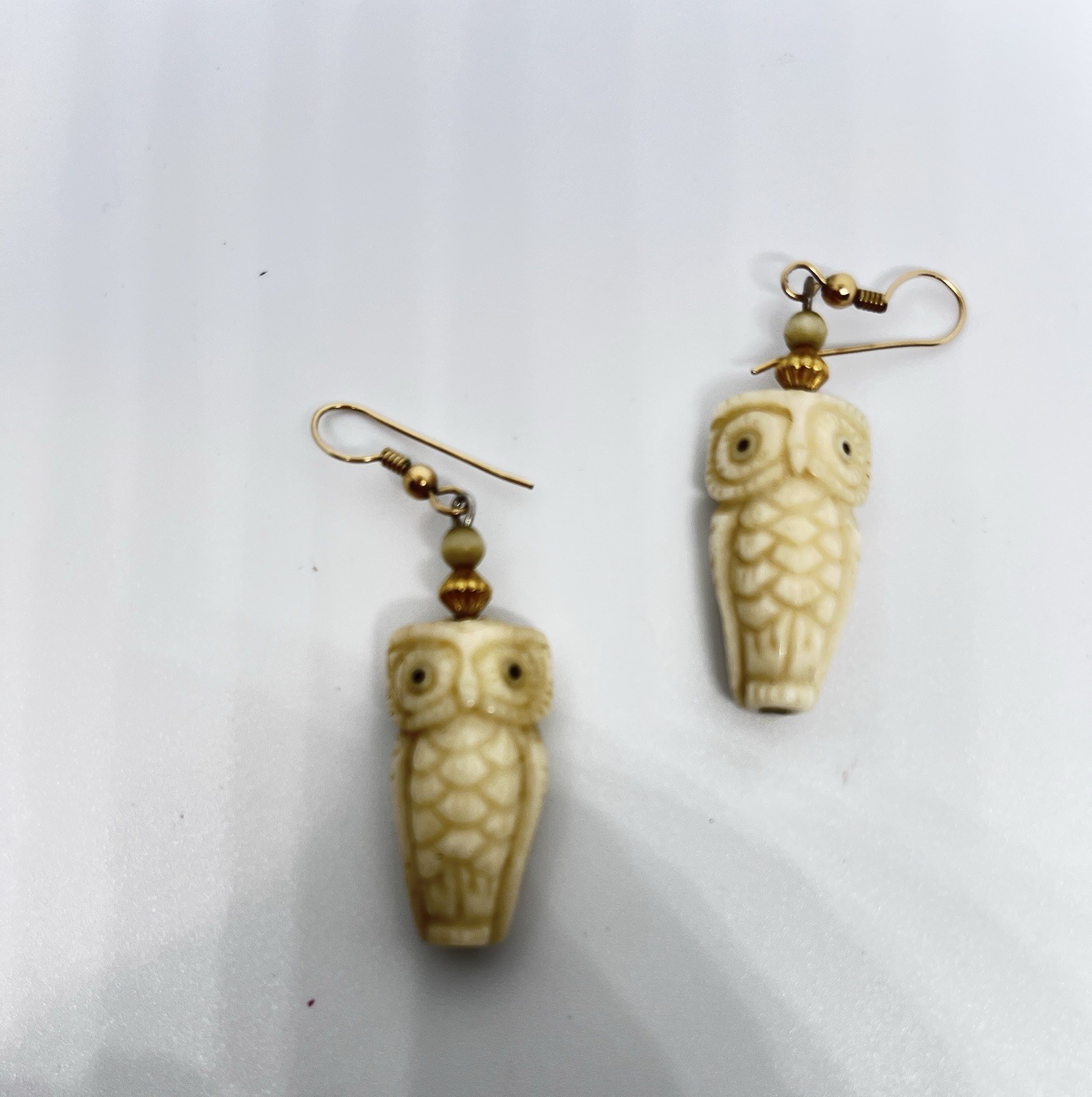 Carved Owl Dangle Drop Earrings, Hook Closure, No Stone 1.75 inches