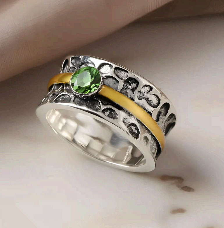 Surgical Steel Ring Green Zirconia Two Tone Gold Band