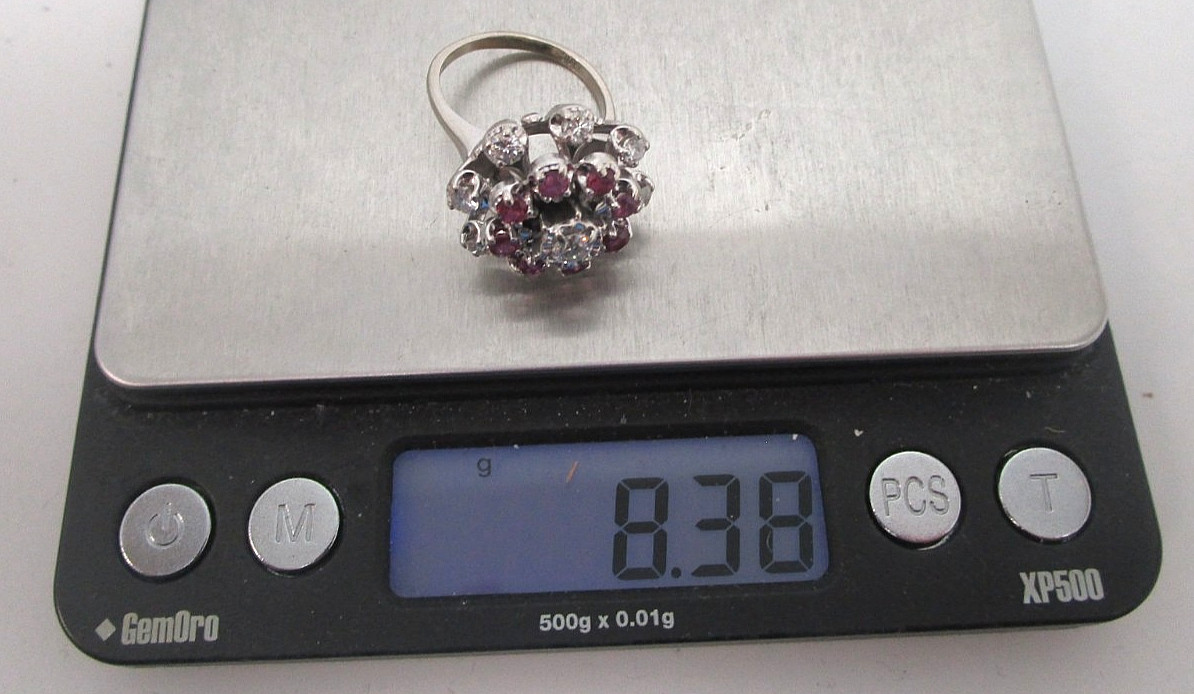 14k White Gold Diamond and Ruby Cluster Ring with Appraisal Size 7 0.96ct TW