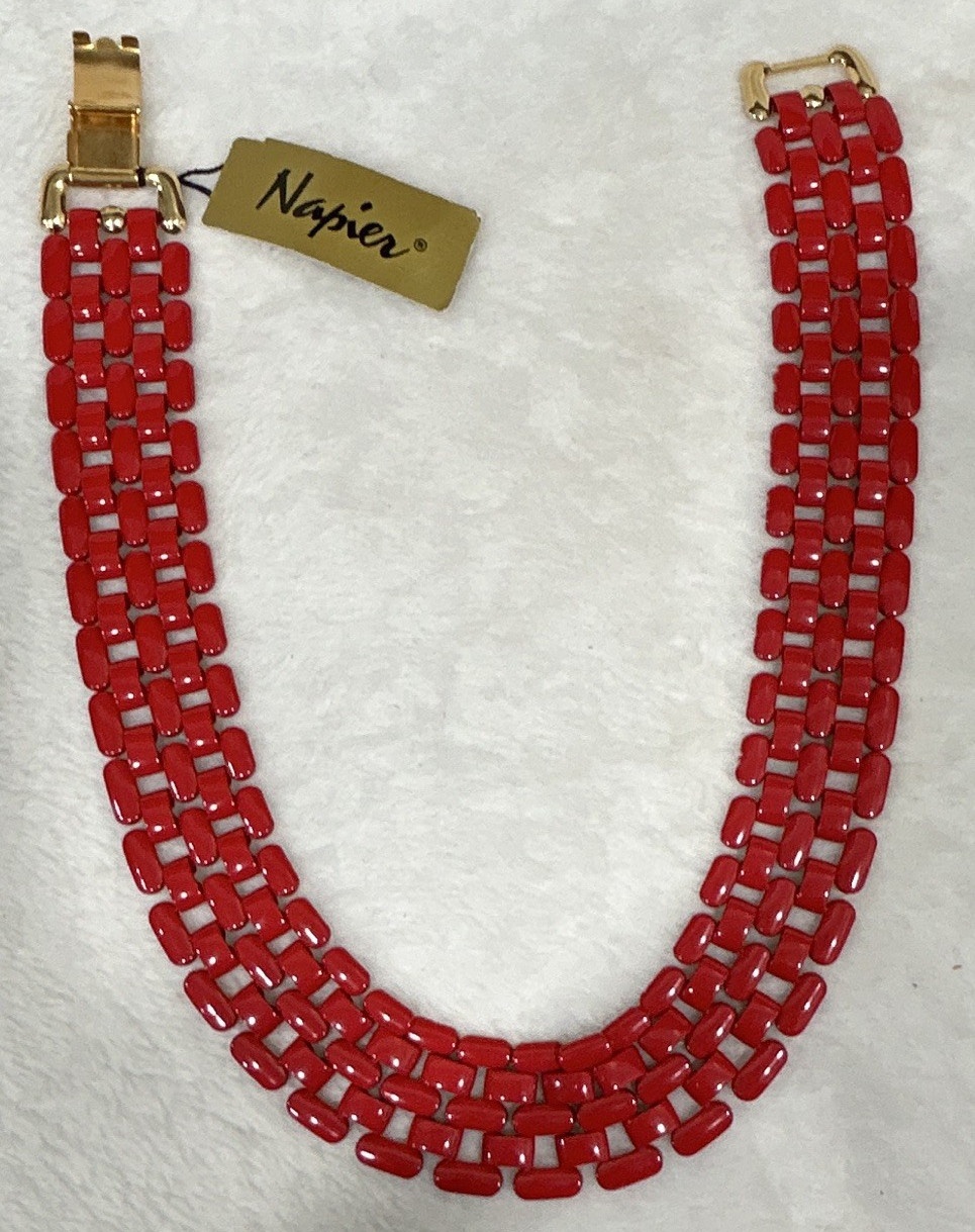 VTG Napier Red Enamel Gold Tone Link Choker Necklace 16″ 2103-G/RD NWT $45