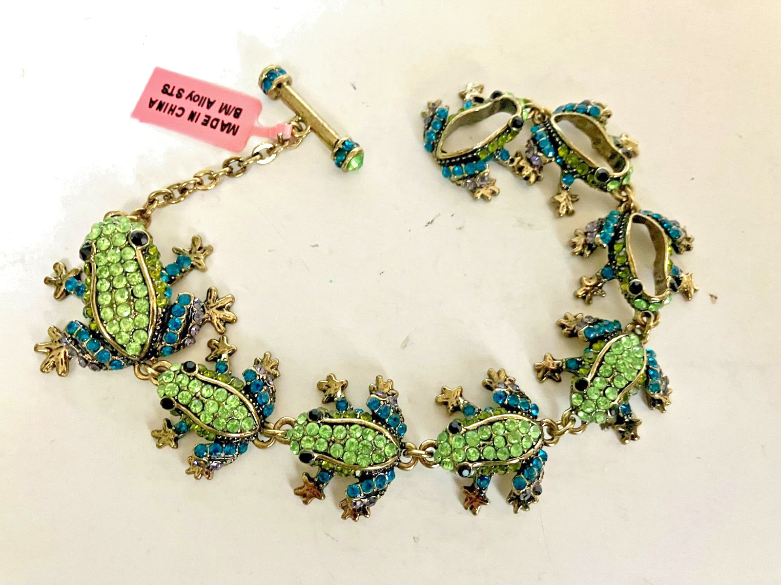 Gold tone Link Bracelet: Eight Green & Blue Pavé Rhinestone Frogs — NEW