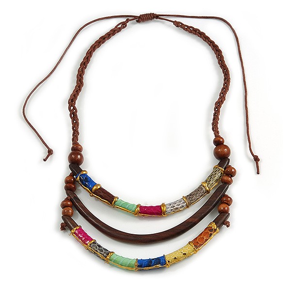 Statement Layered Wooden Bar with Leather Detailing Cotton Cord Necklace