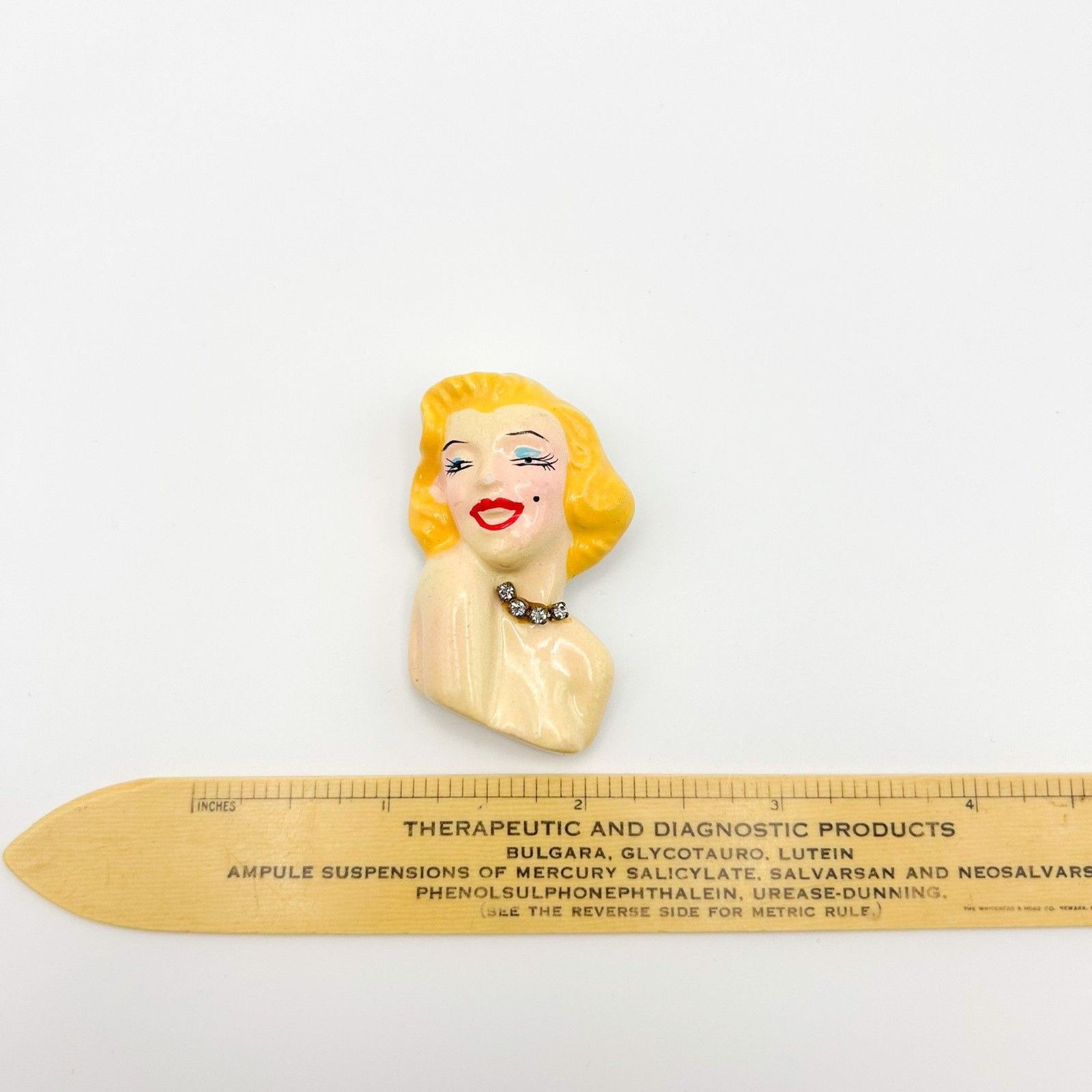 Signed 1988 Marilyn Monroe Brooch Hand Painted Clay Embellished with Crystals