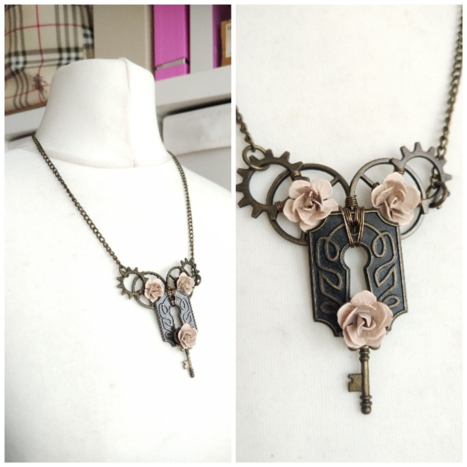 Steampunk Bronze Toned Metal Lock Key Gears ,pink Rose Flower Chain Necklace