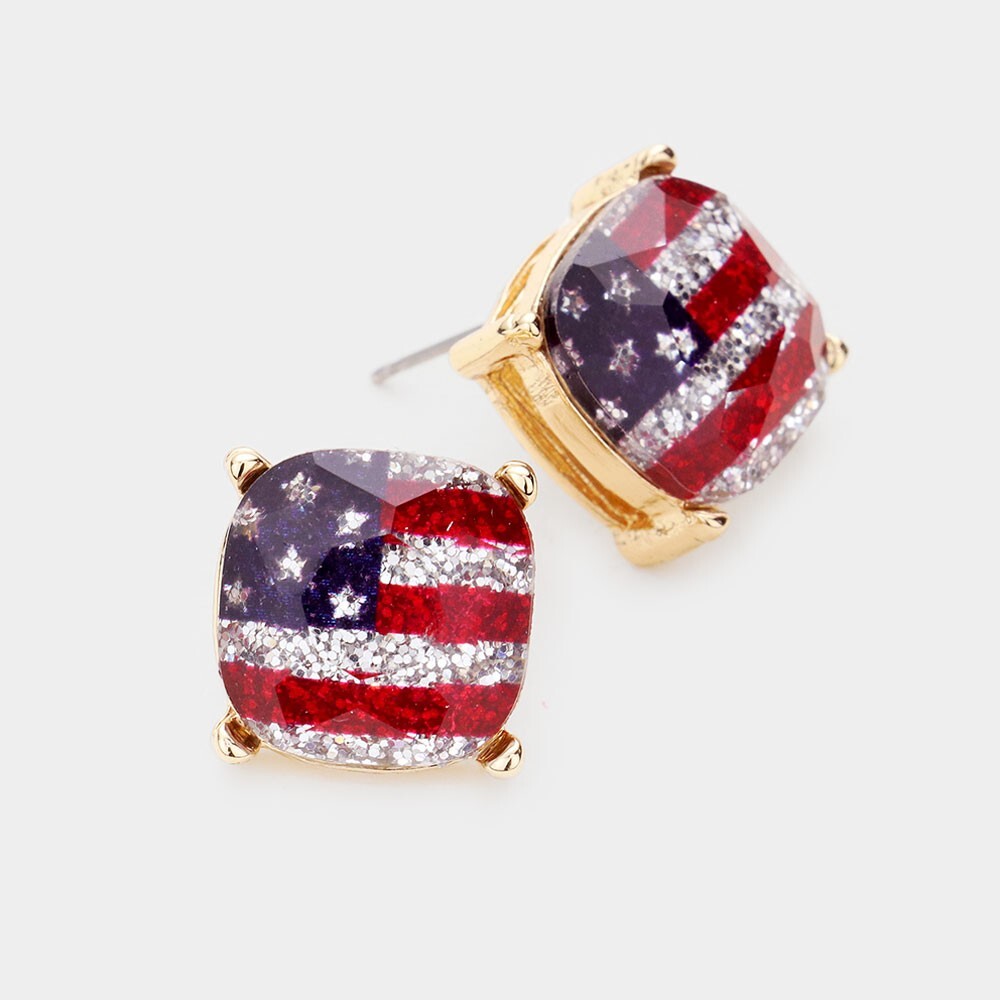 NEW USA FLAG EARRINGS GOLD SPARKLE POST BACK PATRIOTIC BY CHRISTINA