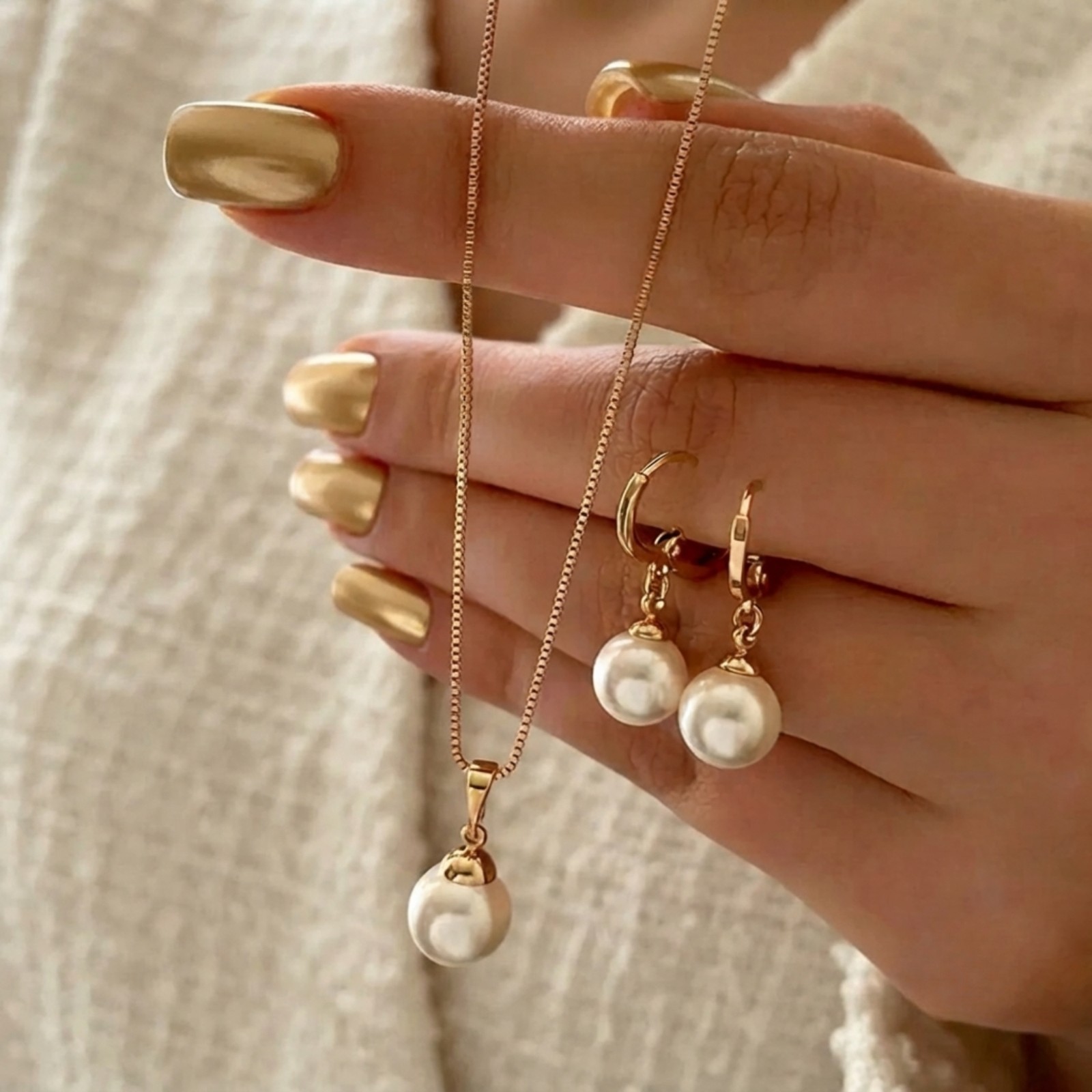 Pearl Pendant Necklace Earrings Set Gold Womens Jewelry Wedding Party Gift