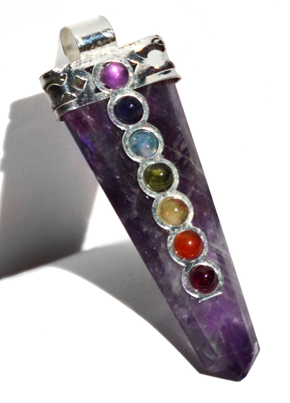 Amethyst Crystal Point 7 Chakra Gemstone Silver Pendant Necklace Reiki Healing