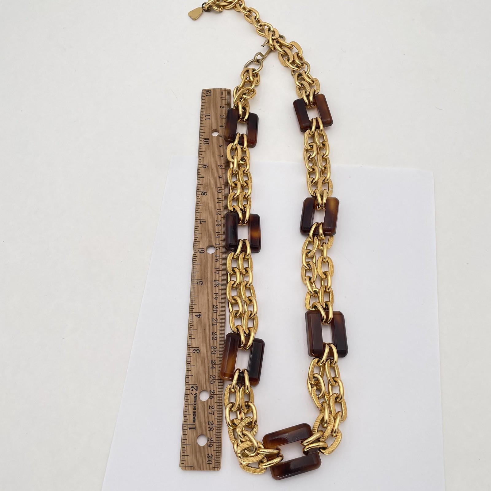 JM Chunky Statement Chain Necklace Gold Tone Tortoise Brown Resin Links 24in