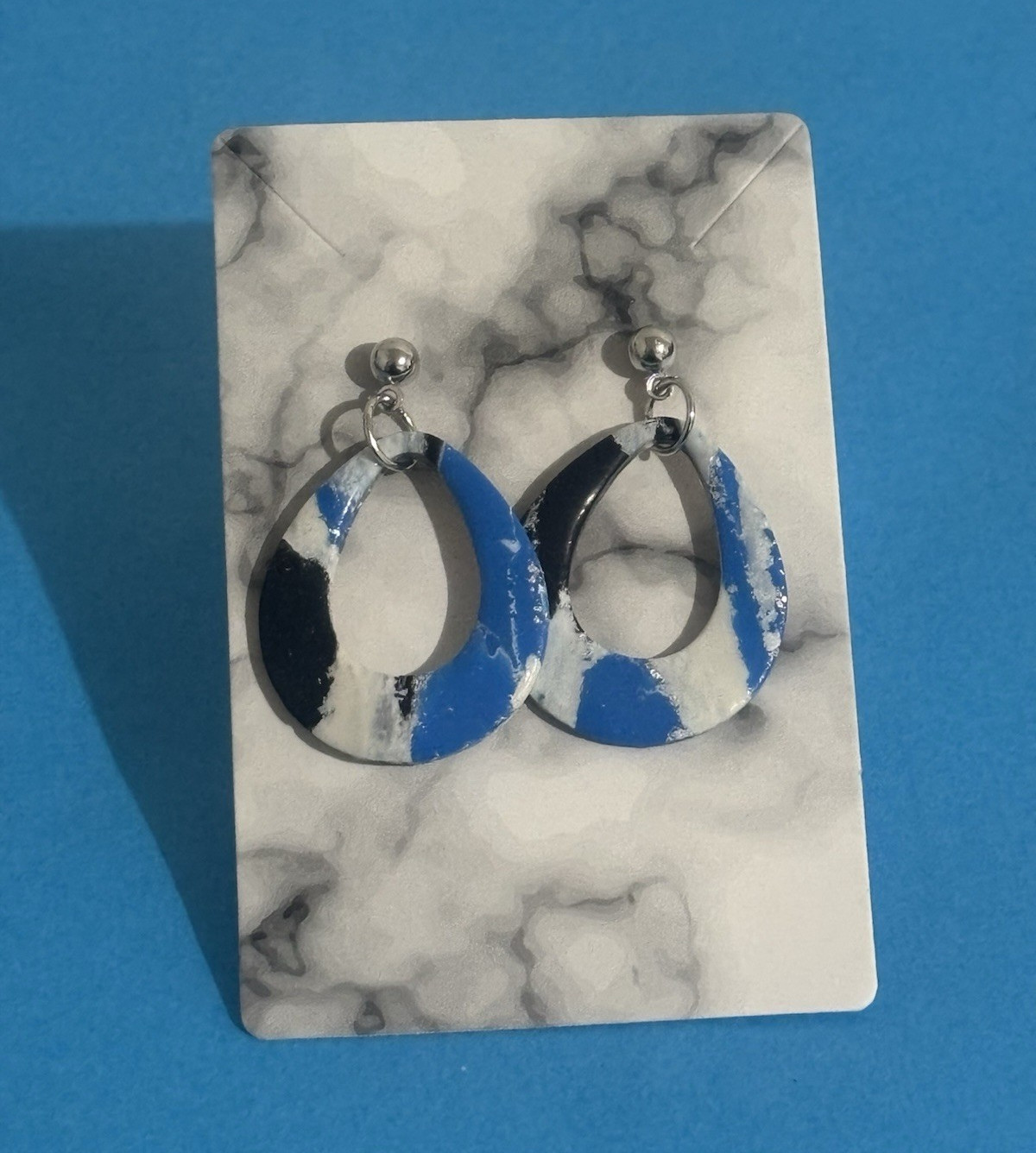 Handmade Blue White Black Dangle Drop Earrings Silver Flakes