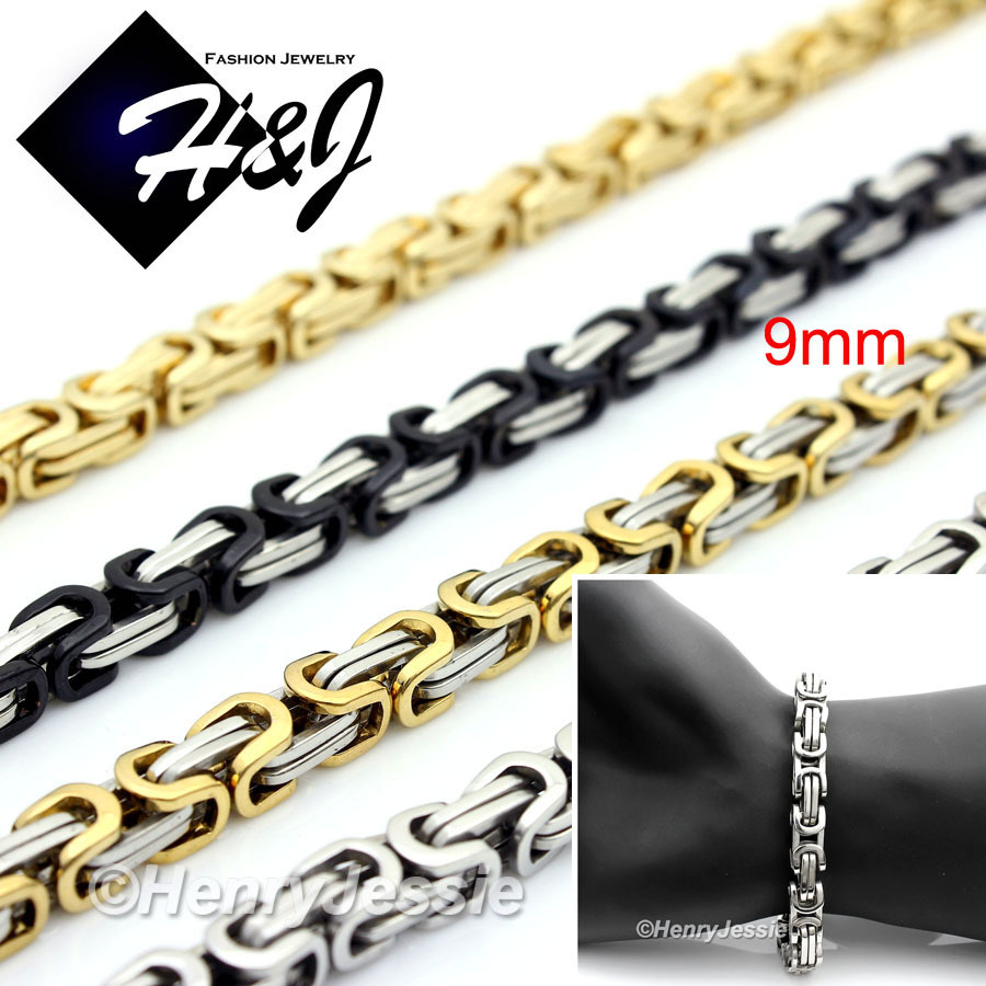 7″-10″Stainless Steel 9mm Silver/Gold/Black Plated Byzantine Box Chain Bracelet