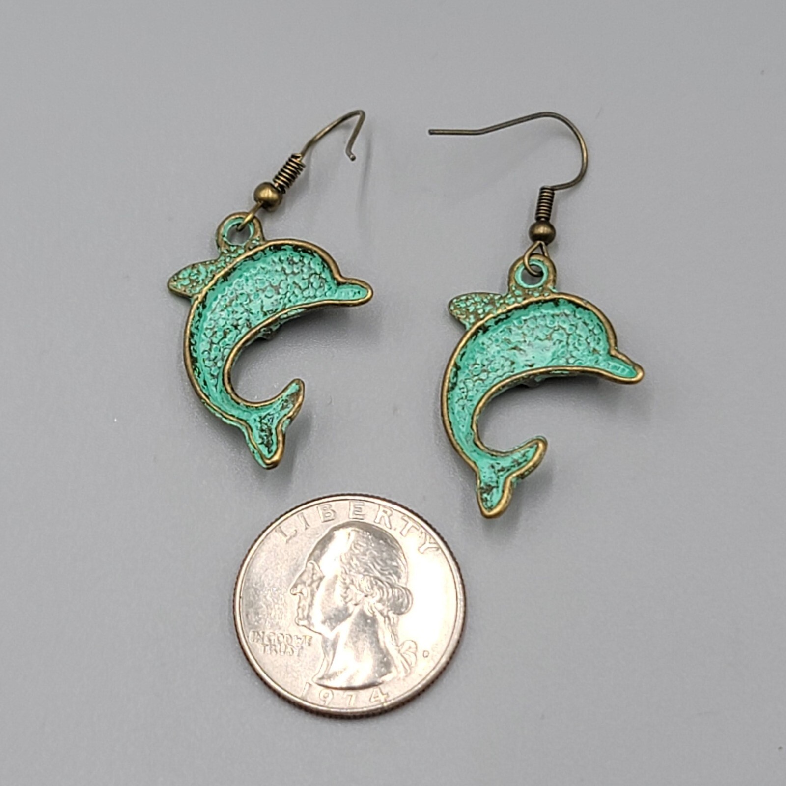 Dolphin Beach Sea life Pierced Earrings Bronze tone Green wash Dangle 1.25″