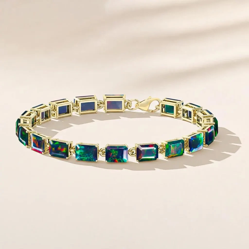 Fire White Opal Gemstone Silver Tennis Bracelet, AAA Ethiopian Opal Gemstone 925
