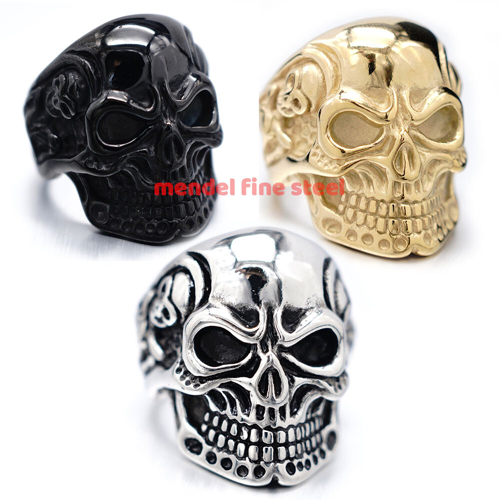 MENDEL Gold Plated Black Stainless Steel Mens Gothic Biker Skull Ring Size 7-15