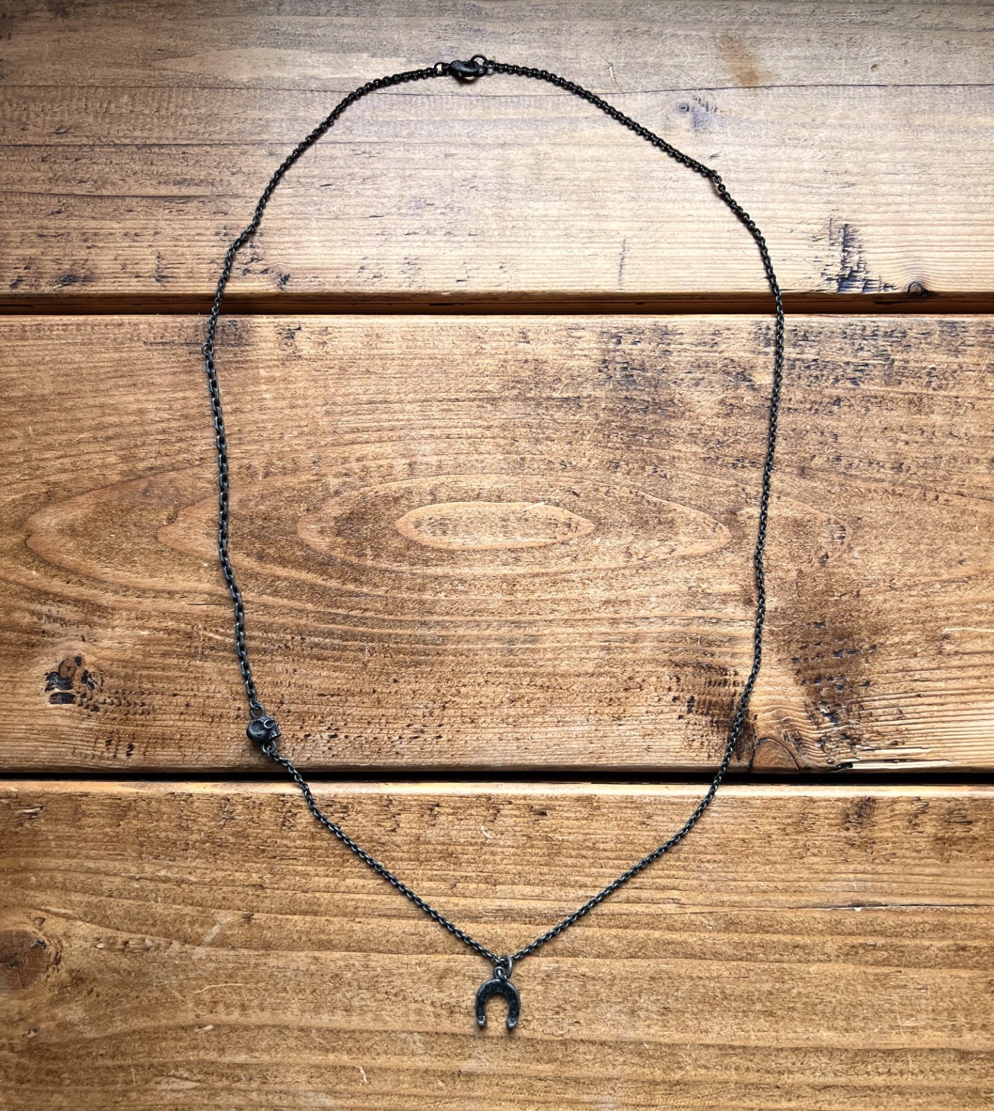 AllSaints Horseshoe Skull Pendant Necklace Gunmetal Chain Mens Ladies Charm
