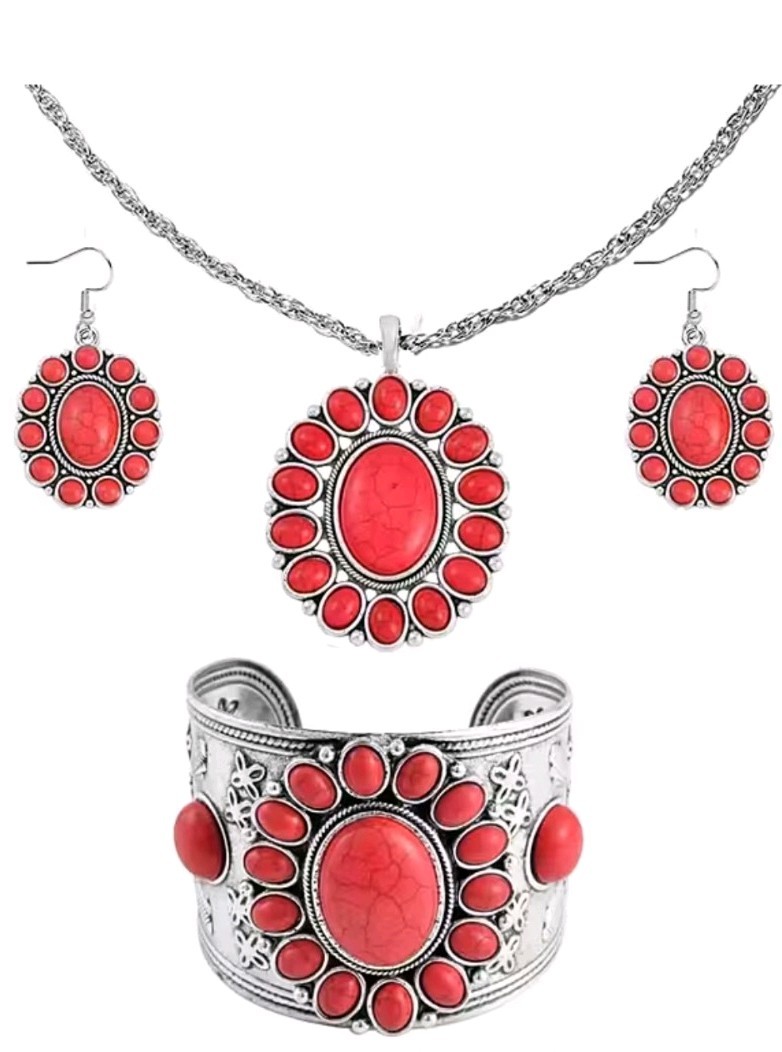 Red Howlite 219.00 ctw Earrings, Cuff Bracelet 7.5-8.5in and Necklace 26-30in