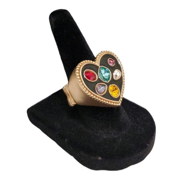 Estate Gold-Tone Black Enamel Multi-Color Glass Stone Heart Stretch Ring Size 7