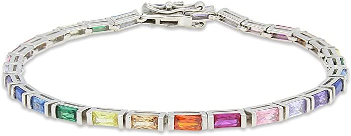 Colourful Rainbow Baguette Sparkling Simulated Gemstone Tennis Bracelet Silver