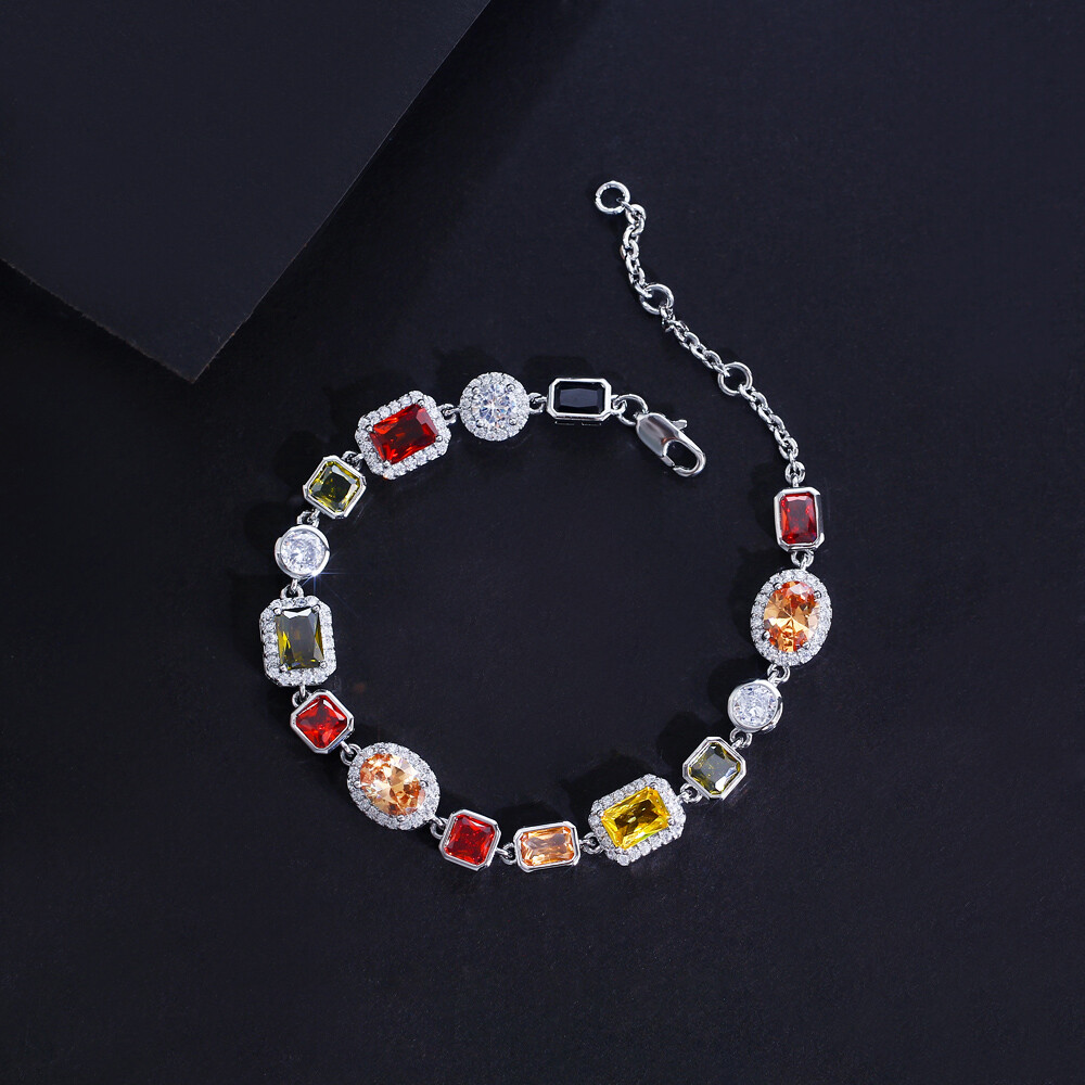 Women Boho Gold Plated Colorful Cubic Zirconia Chain Bracelet Party Jewelry Gift